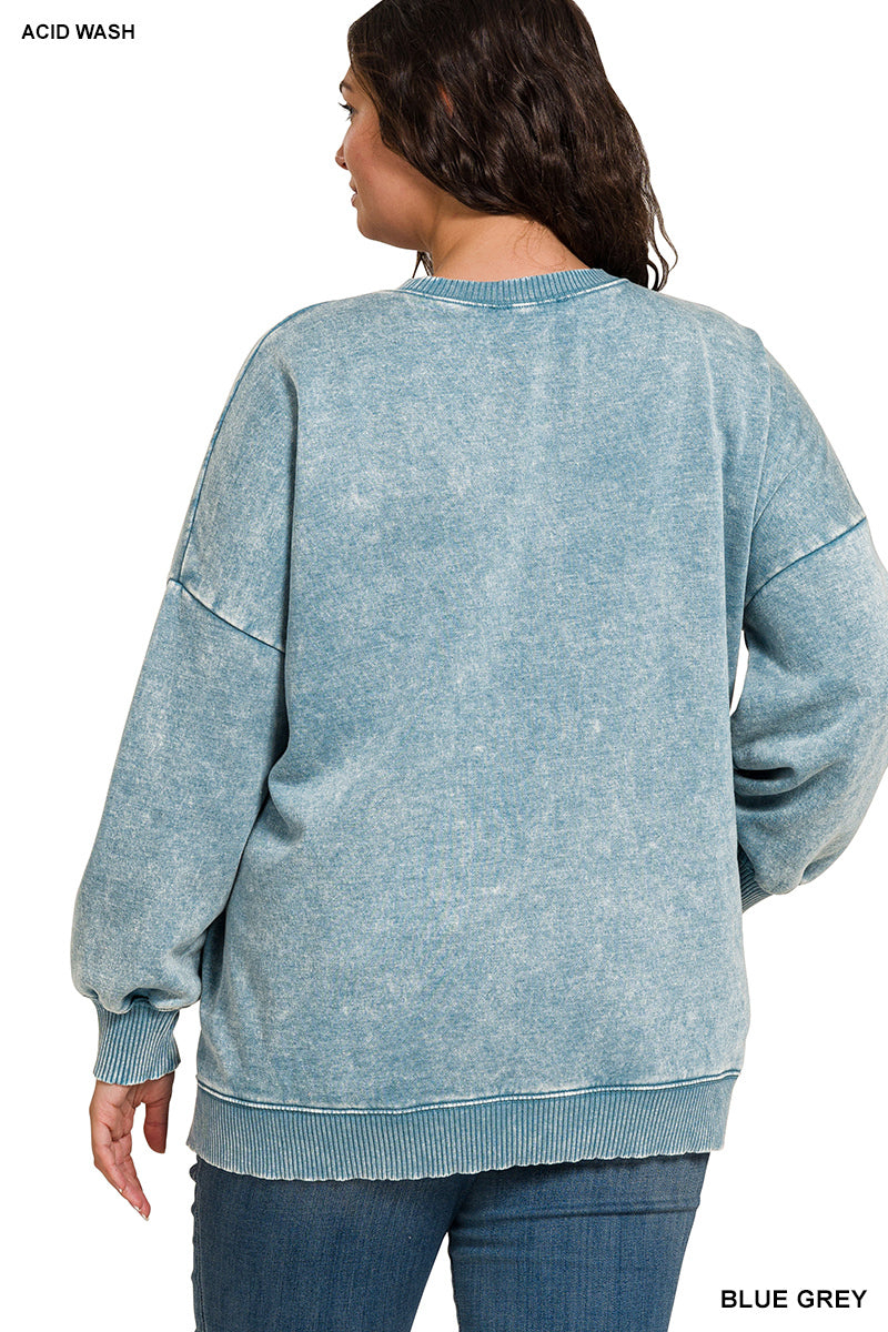 PLUS ACID WASH FLEECE HI-LOW HEM PULLOVER WITH POCKETS