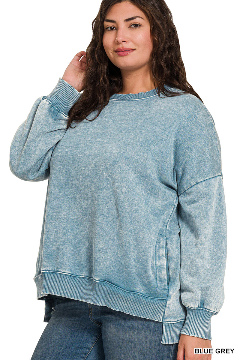 PLUS ACID WASH FLEECE HI-LOW HEM PULLOVER WITH POCKETS