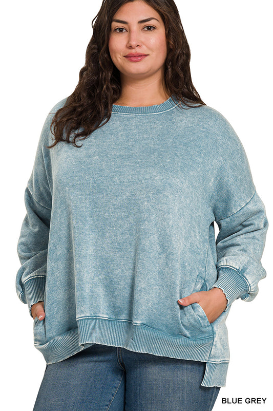 PLUS ACID WASH FLEECE HI-LOW HEM PULLOVER WITH POCKETS