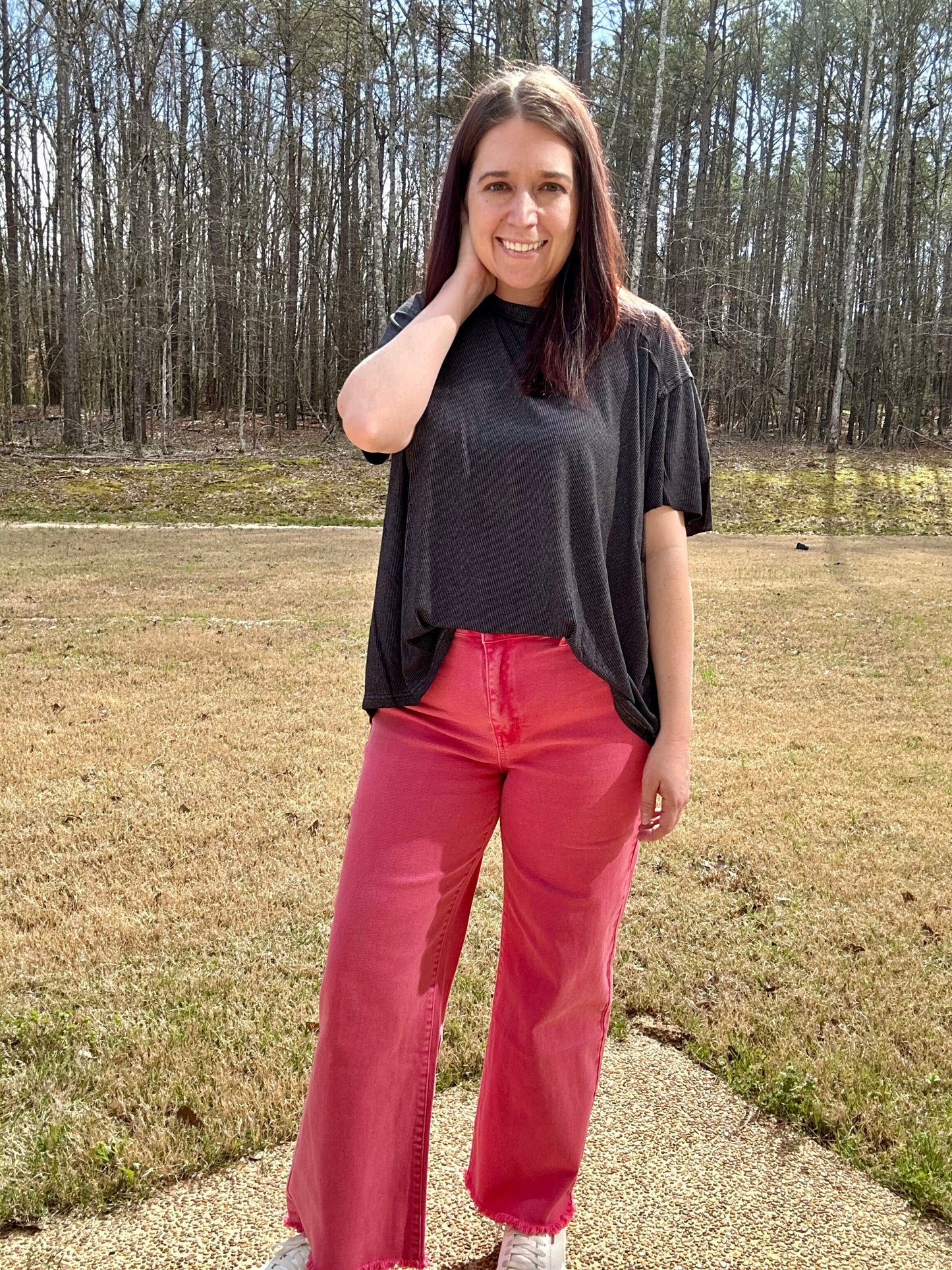 ORANGE ACID WASHED FRAYED CUTOFF HEM STRAIGHT WIDE PANTS