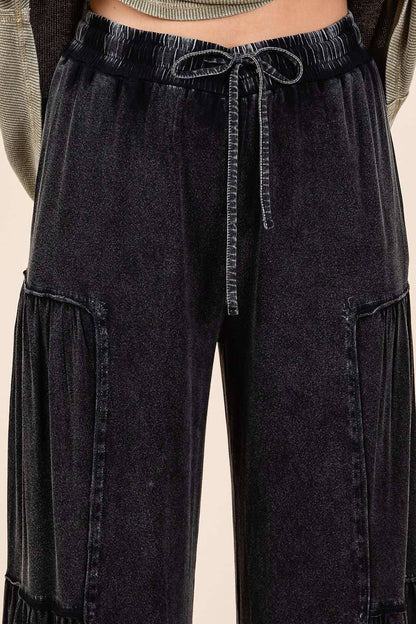 MINERAL WASH TIERED WIDE LEG ELASTIC WAIST PANTS