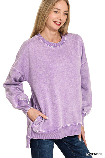 ACID WASH FLEECE HI-LOW HEM PULLOVER WITH POCKETS