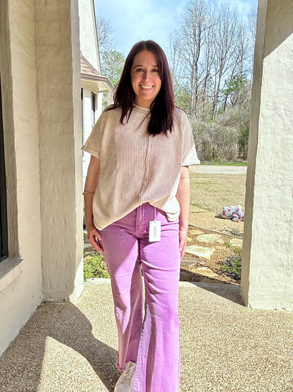 ORANGE ACID WASHED FRAYED CUTOFF HEM STRAIGHT WIDE PANTS