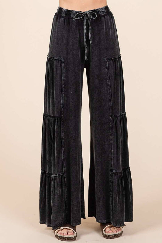 MINERAL WASH TIERED WIDE LEG ELASTIC WAIST PANTS