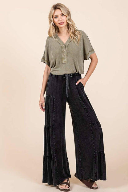 MINERAL WASH TIERED WIDE LEG ELASTIC WAIST PANTS