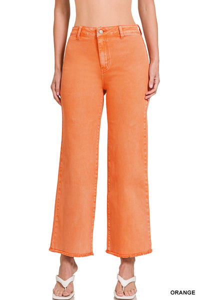 ORANGE ACID WASHED FRAYED CUTOFF HEM STRAIGHT WIDE PANTS