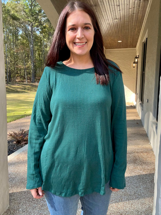 LONG SLEEVE HUNTER GREEN WAFFLE TOP