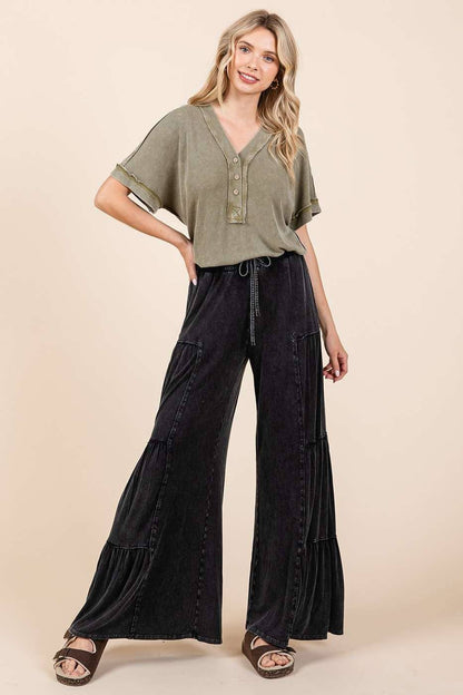 MINERAL WASH TIERED WIDE LEG ELASTIC WAIST PANTS