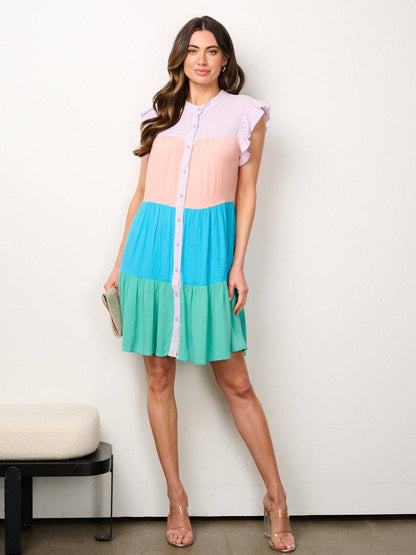 IP7170 - RUFFLE SLV BUTTON UP COLOR BLOCK TUNIC MINI DRESS.