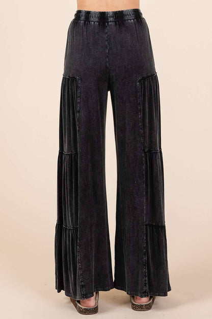 MINERAL WASH TIERED WIDE LEG ELASTIC WAIST PANTS