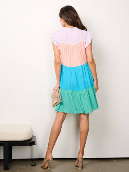 IP7170 - RUFFLE SLV BUTTON UP COLOR BLOCK TUNIC MINI DRESS.