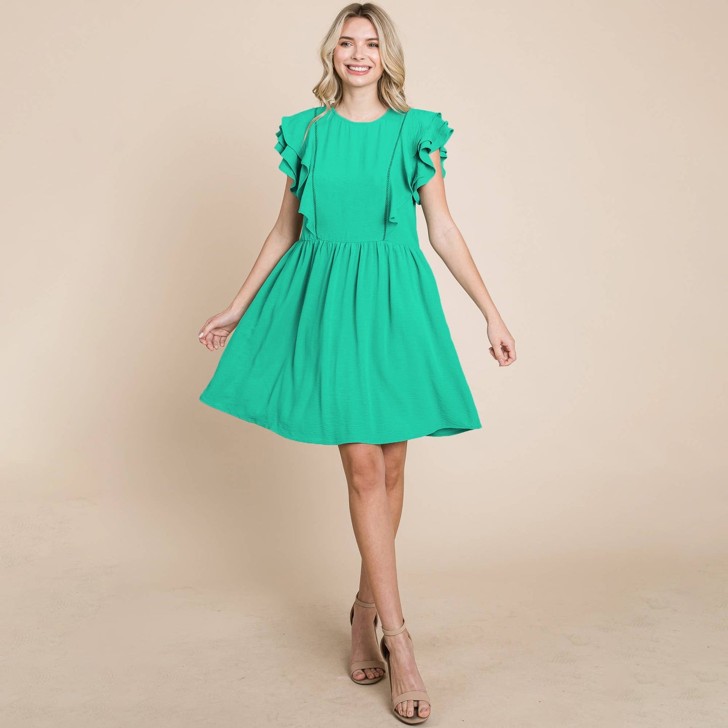 Flutter Sleeve Front Lace Ruched Sundress
