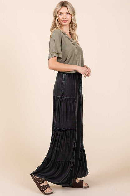 MINERAL WASH TIERED WIDE LEG ELASTIC WAIST PANTS