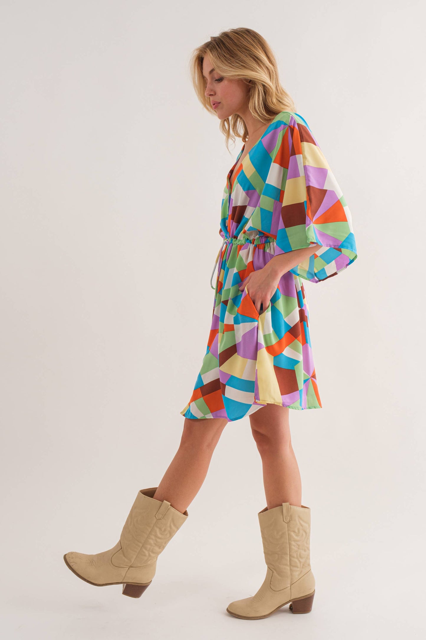 V-Neck Multicolor Print Dress