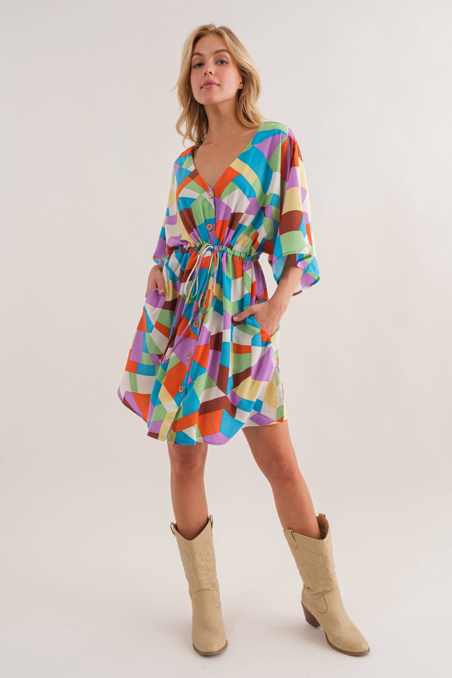 V-Neck Multicolor Print Dress